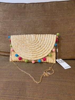 Urban Expressions Natural Straw Clutch with Multicolor Pom-Poms